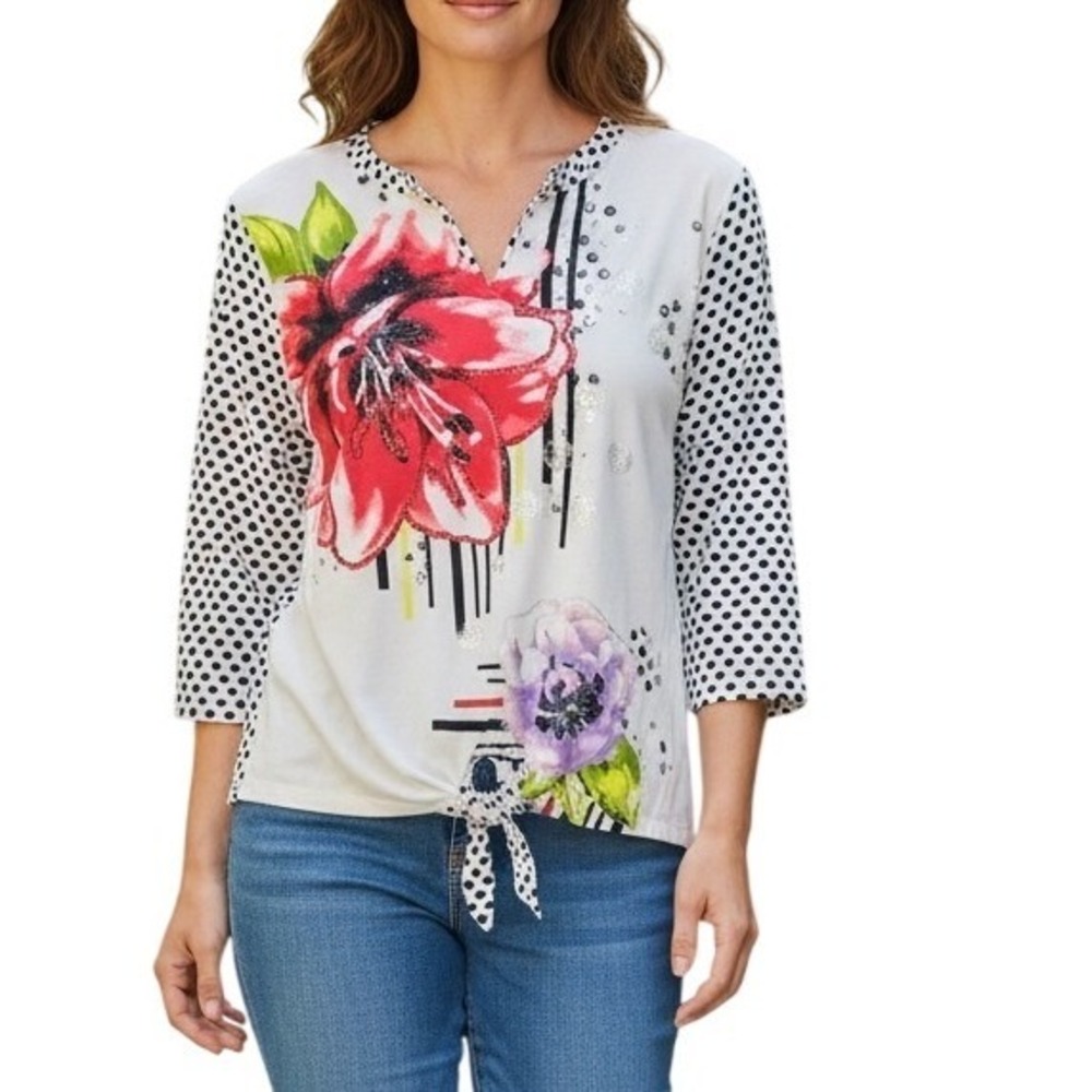Onque Casual Blouse Large Floral Polka Dot Mixed Media Sequin Accents Tie Front